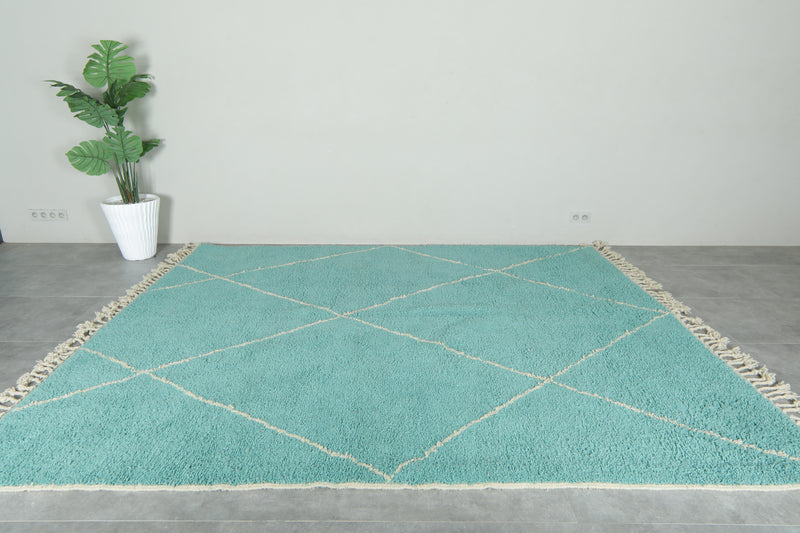 Blue Moroccan beni ourain rug with white geometric lines - 8.7 ft x 10.4 ft