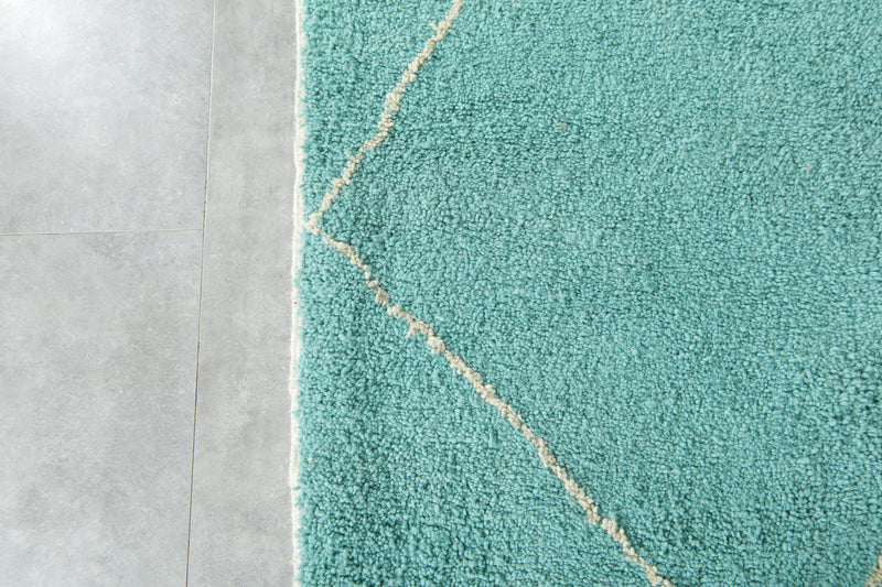 Blue Moroccan beni ourain rug with white geometric lines - 8.7 ft x 10.4 ft