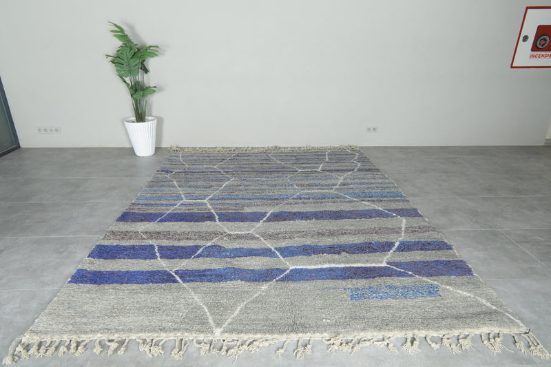 Modern handwoven Moroccan shag rug - Blue, purple, gray & white geometric design - 8.2 ft x 10.1 ft - moroccan rug