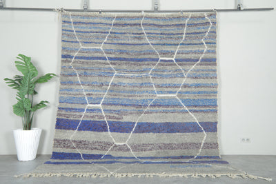 Modern handwoven Moroccan shag rug - Blue, purple, gray & white geometric design - 8.2 ft x 10.1 ft - moroccan rug