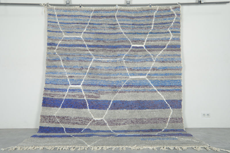Modern handwoven Moroccan shag rug - Blue, purple, gray & white geometric design - 8.2 ft x 10.1 ft - moroccan rug