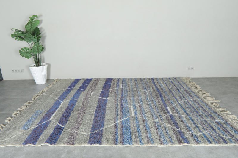 Modern handwoven Moroccan shag rug - Blue, purple, gray & white geometric design - 8.2 ft x 10.1 ft - moroccan rug