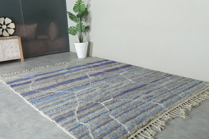 Modern handwoven Moroccan shag rug - Blue, purple, gray & white geometric design - 8.2 ft x 10.1 ft - moroccan rug
