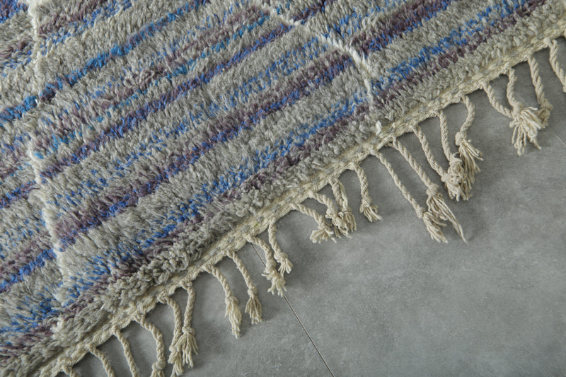 Modern handwoven Moroccan shag rug - Blue, purple, gray & white geometric design - 8.2 ft x 10.1 ft - moroccan rug