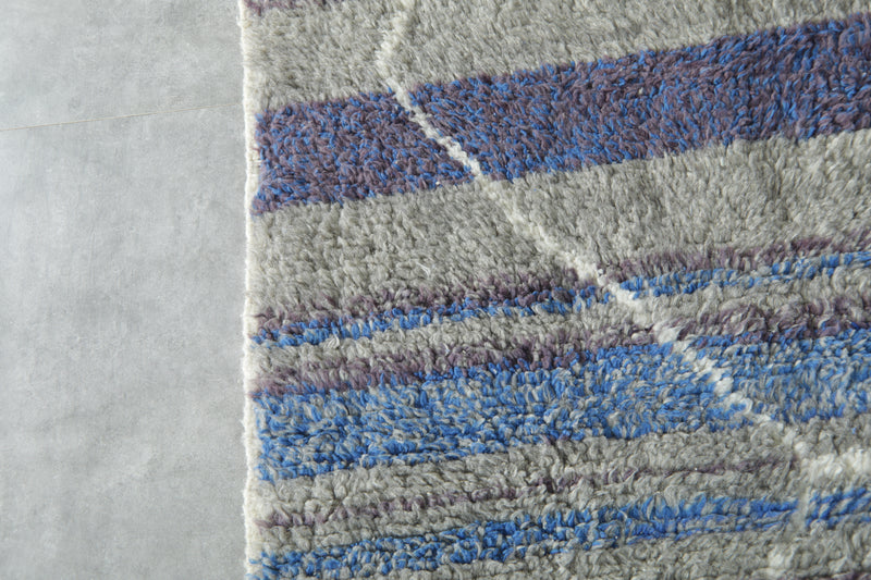 Modern handwoven Moroccan shag rug - Blue, purple, gray & white geometric design - 8.2 ft x 10.1 ft - moroccan rug