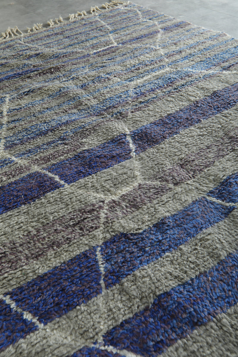 Modern handwoven Moroccan shag rug - Blue, purple, gray & white geometric design - 8.2 ft x 10.1 ft - moroccan rug