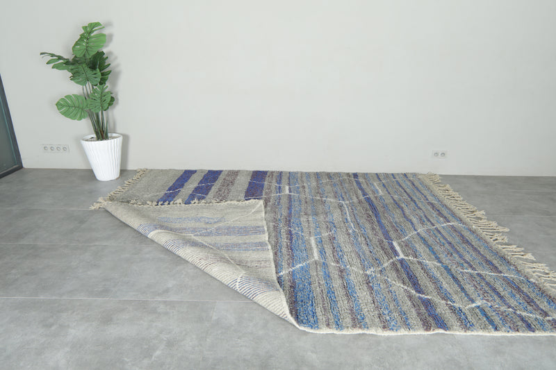 Modern handwoven Moroccan shag rug - Blue, purple, gray & white geometric design - 8.2 ft x 10.1 ft - moroccan rug
