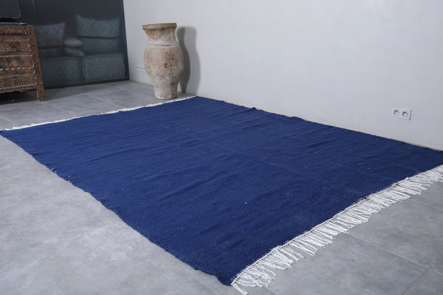 Flat Woven Moroccan rug Blue - Berber beige kilim - Custom Rug