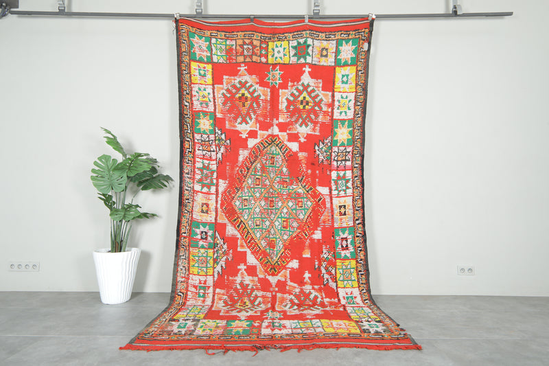 Red and multicolor geometric moroccan rug 5.5 ft x 8.3 ft  - Handmade