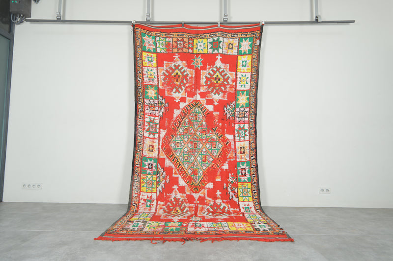 Red and multicolor geometric moroccan rug 5.5 ft x 8.3 ft  - Handmade