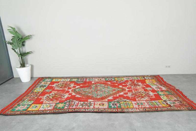 Red and multicolor geometric moroccan rug 5.5 ft x 8.3 ft  - Handmade