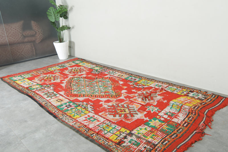 Red and multicolor geometric moroccan rug 5.5 ft x 8.3 ft  - Handmade