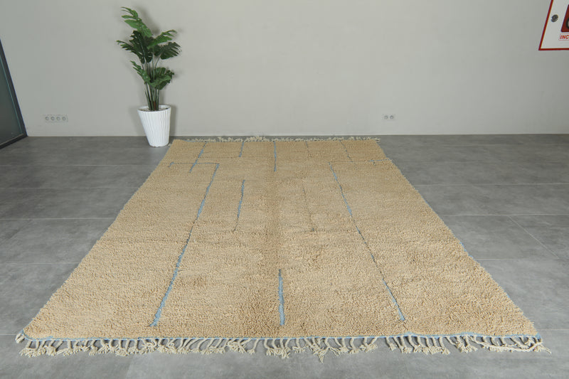 Beige Moroccan wool rug with blue lines - 8 ft x 10.5 ft