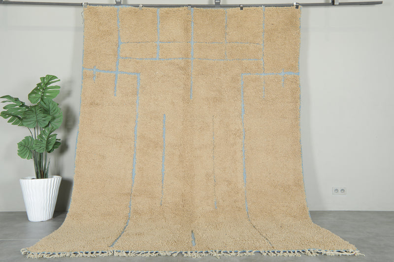 Beige Moroccan wool rug with blue lines - 8 ft x 10.5 ft