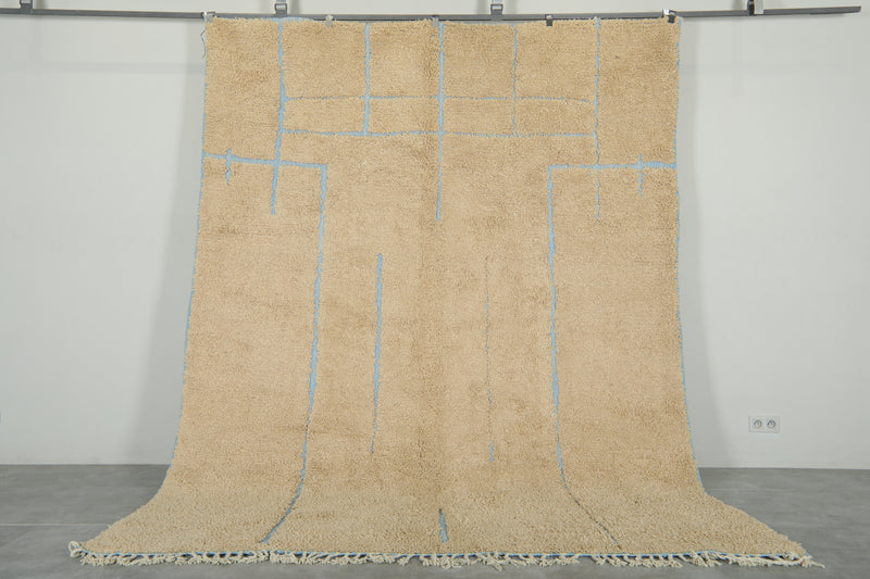 Beige Moroccan wool rug with blue lines - 8 ft x 10.5 ft