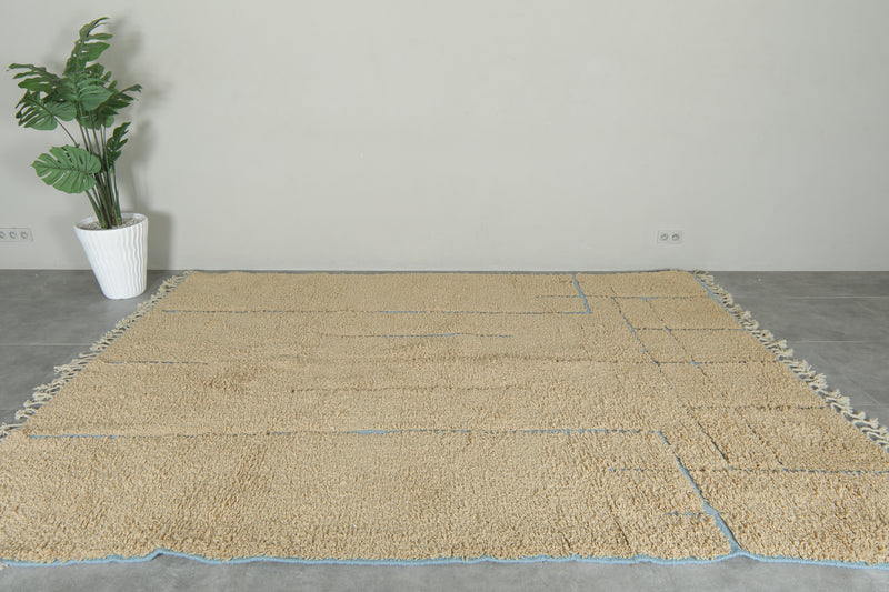 Beige Moroccan wool rug with blue lines - 8 ft x 10.5 ft