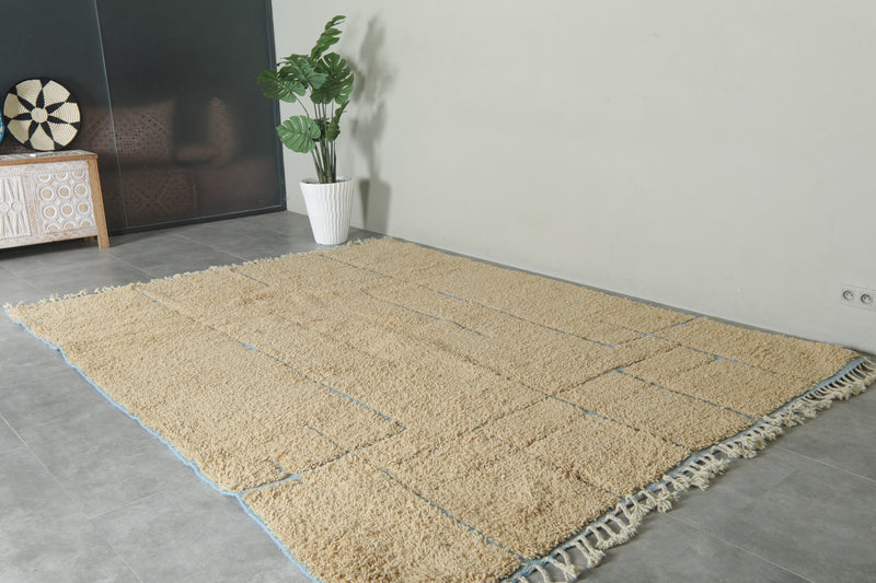 Beige Moroccan wool rug with blue lines - 8 ft x 10.5 ft