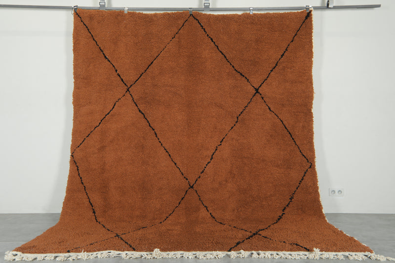 Minimalist brown Moroccan beni ourain rug - 8.4 ft x 10.3 ft