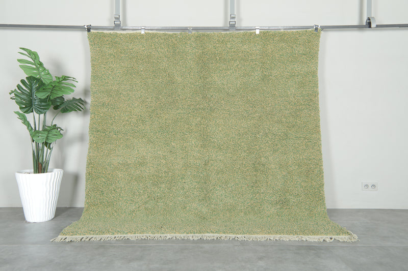 Minimalist wool Moroccan rug in green & beige - 7.3 ft x 7.4 ft