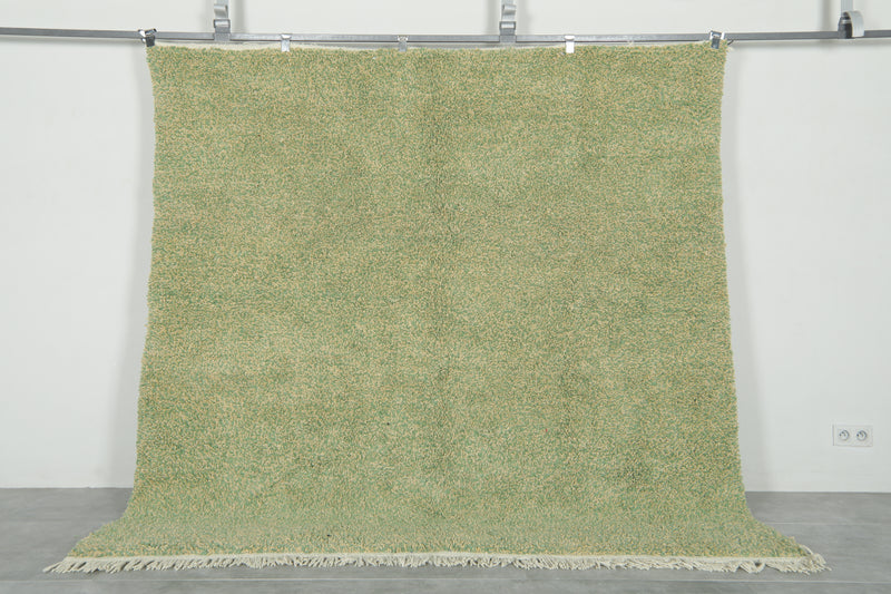 Minimalist wool Moroccan rug in green & beige - 7.3 ft x 7.4 ft
