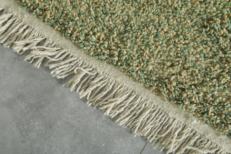 Minimalist wool Moroccan rug in green & beige - 7.3 ft x 7.4 ft