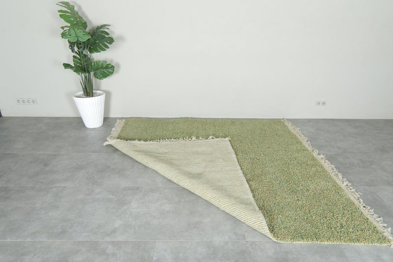 Minimalist wool Moroccan rug in green & beige - 7.3 ft x 7.4 ft