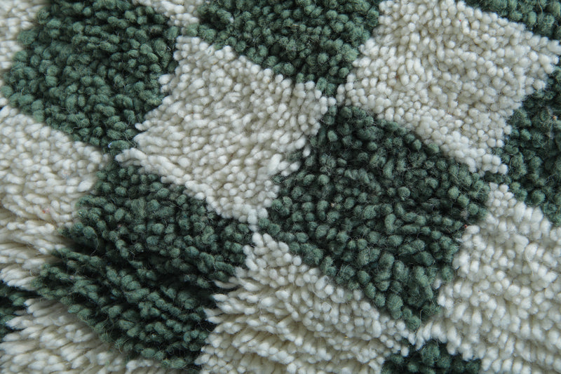 Round Moroccan rug - Green & white checkered design - 5 FT