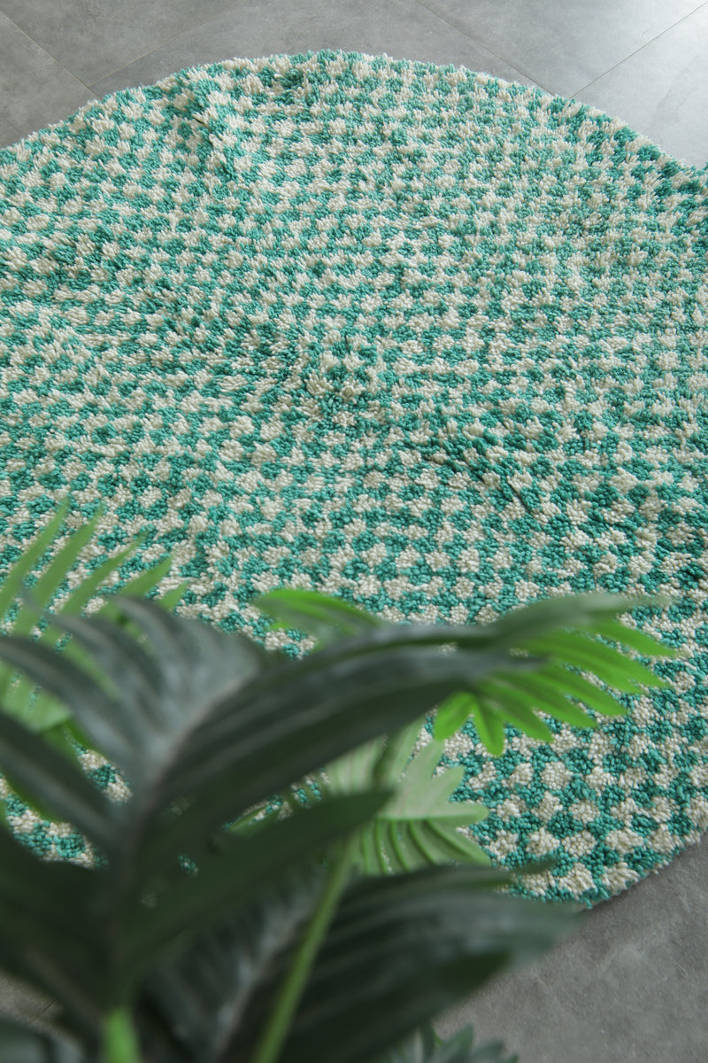 Round Moroccan Wool Rug - 4.9ft Mint Checkerboard