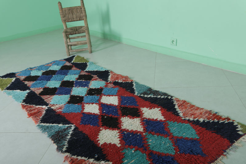 Moroccan Berber Rug – 2.9 x 7.2 Feet – Bold Diamond Multicolored Design - Boucherouite Rugs