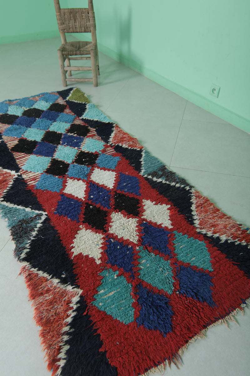 Moroccan Berber Rug – 2.9 x 7.2 Feet – Bold Diamond Multicolored Design - Boucherouite Rugs