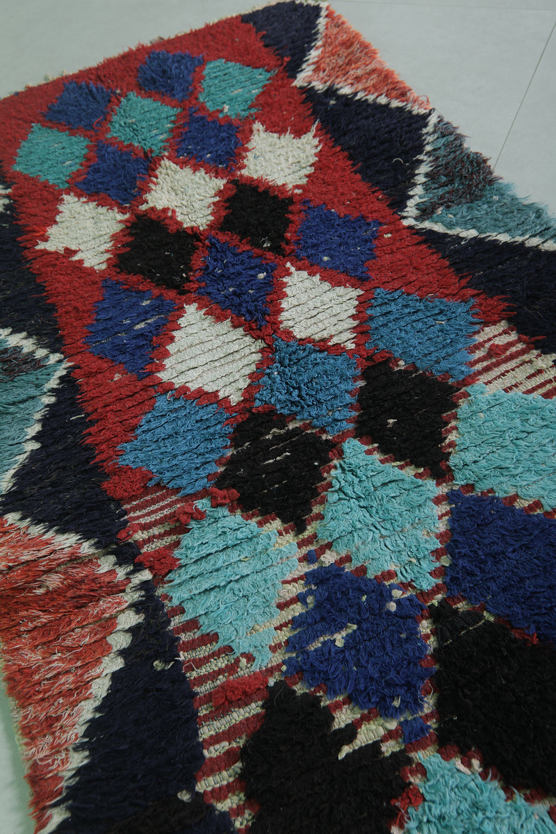 Moroccan Berber Rug – 2.9 x 7.2 Feet – Bold Diamond Multicolored Design - Boucherouite Rugs