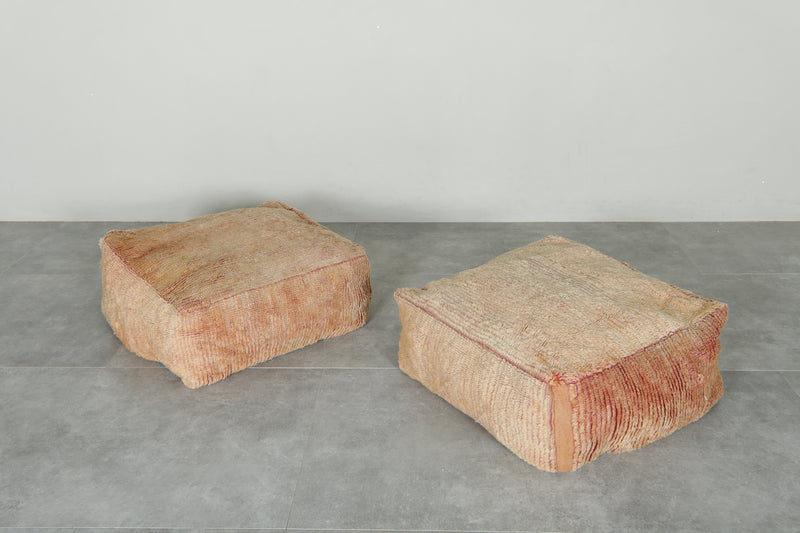 Beige wool ottoman poufs - Handwoven floor cushions