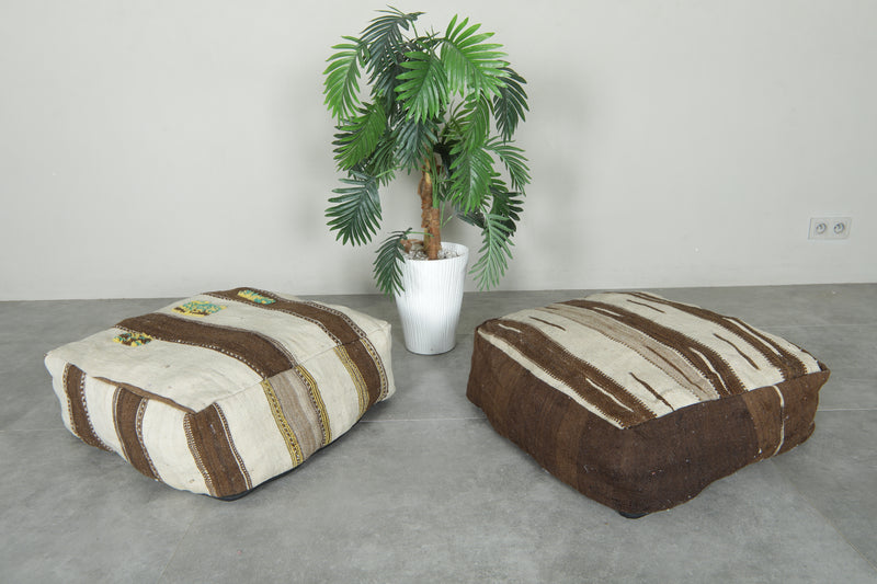 Moroccan kilim poufs - Brown & beige wool floor cushions