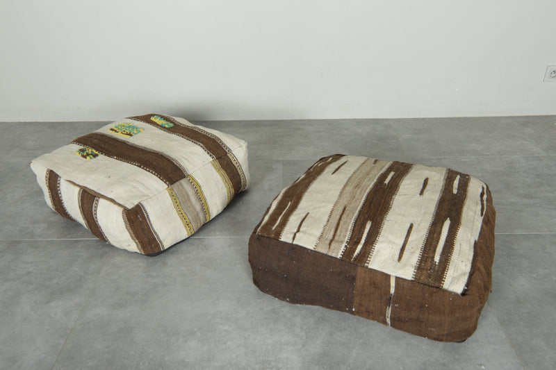 Moroccan kilim poufs - Brown & beige wool floor cushions