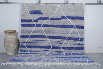 Grey Moroccan rug - Handwoven 8.4 x 10.2 Feet | Blue striped geometric design - Beni ourain rugs