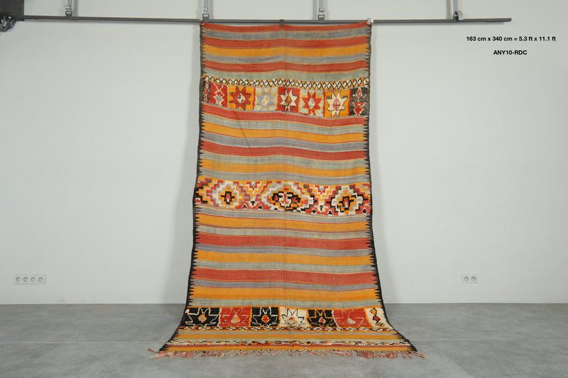 Orange & gray striped Moroccan rug - 5.3 ft x 11.1 ft - Flat woven rugs