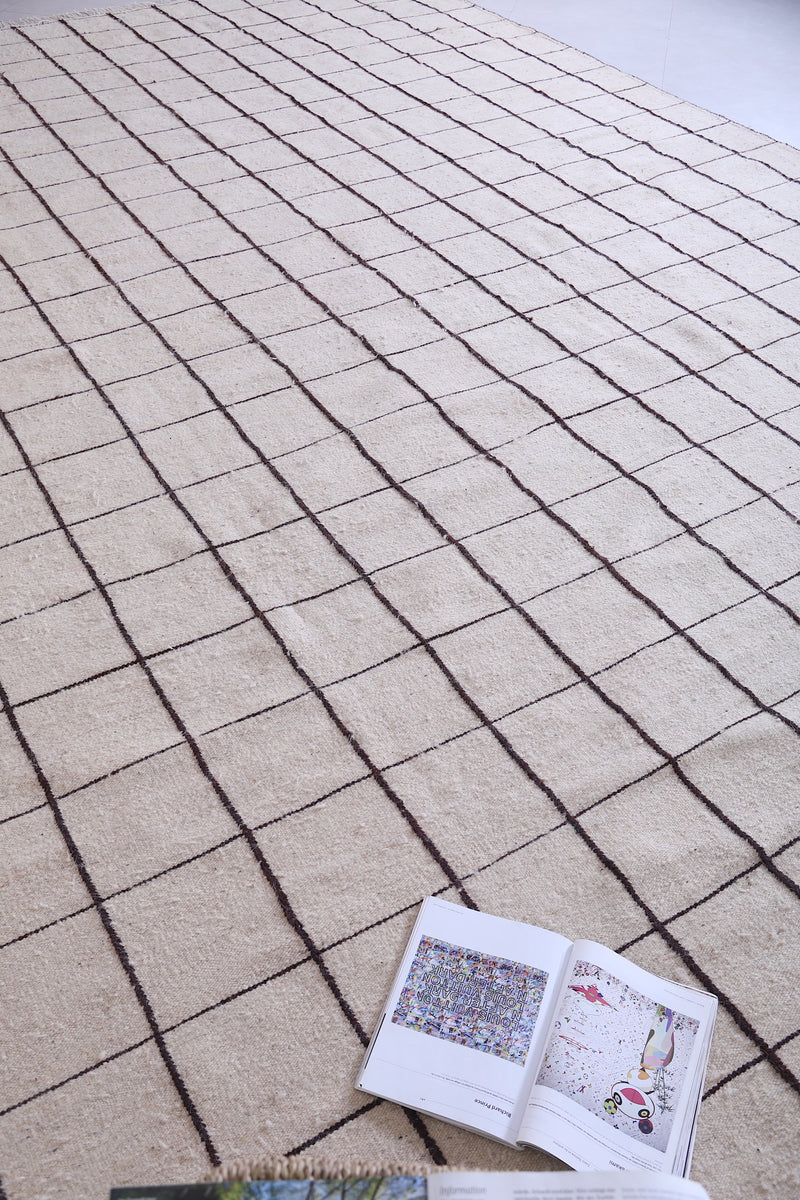 Flatwoven grid rug – Beige wool with black lines - Custom size ...