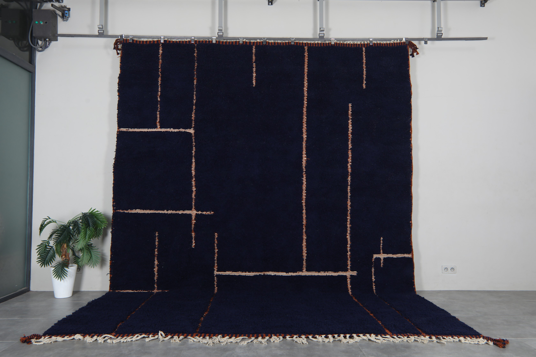 Navy blue moroccan rug - Copper line pattern beni ourain wool rug
