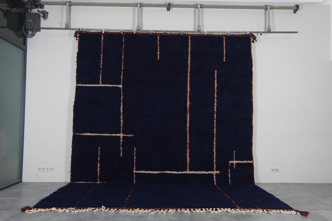 Navy blue moroccan rug - Copper line pattern beni ourain wool rug