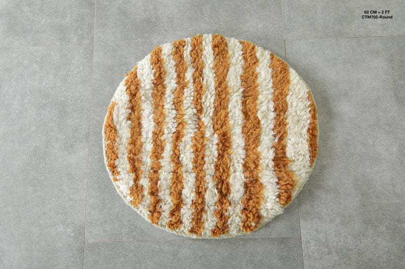 Small round Moroccan rug - White & orange striped - 2 FT