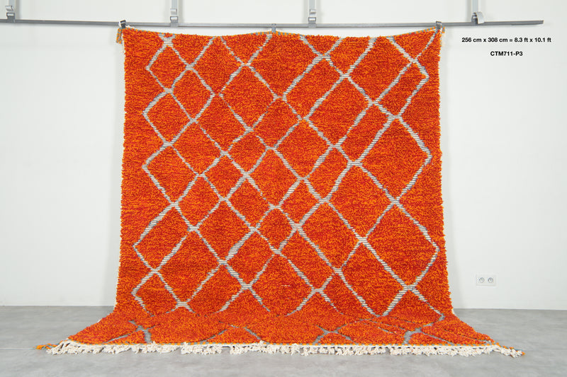 Moroccan Berber orange and white diamond-patterned rug - 8.3 ft x 10.1 ft