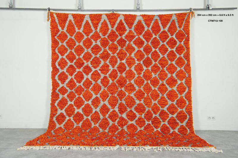 Moroccan Berber orange and white diamond-patterned rug - 8.6 ft x 9.5 ft