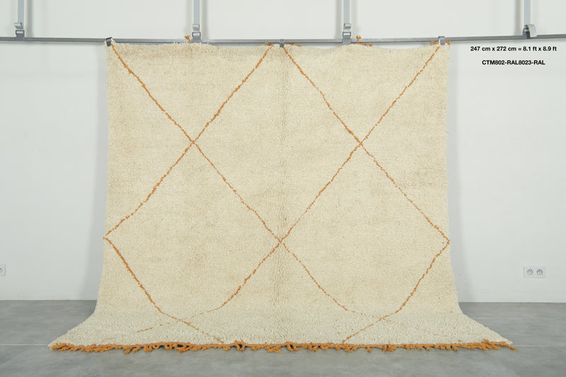 Handmade Moroccan rug - White & orange beni ourain with tassels - 8.1 ft x 8.9 f