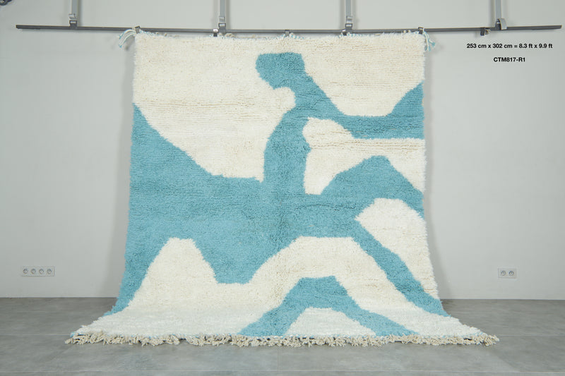 White and blue Moroccan rug – Abstract wool design - 8.3 ft x 9.9 ft