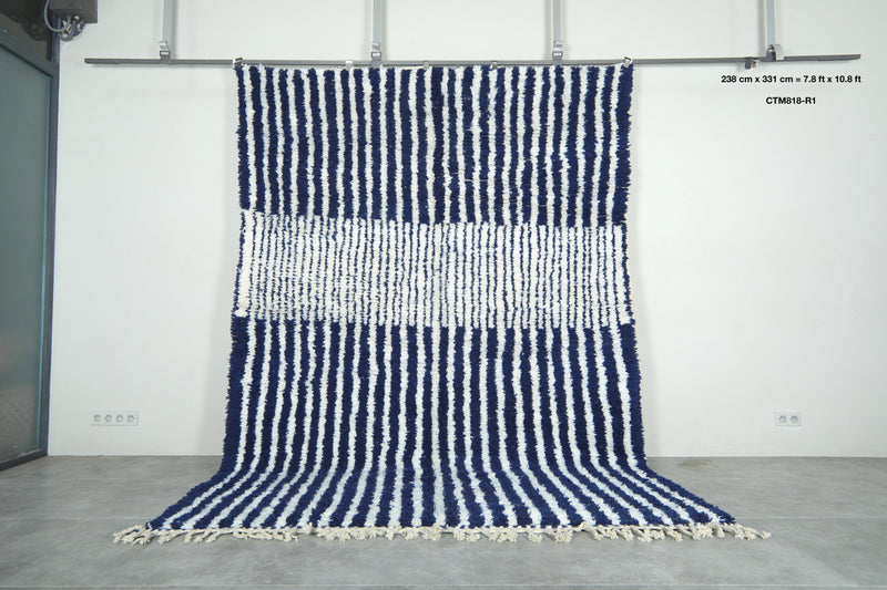 White & navy striped Moroccan rug - Modern wool floor décor - 7.8 ft x 10.8 ft