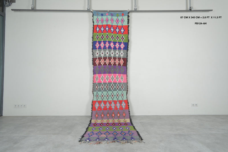 Long Vintage Moroccan Boucherouite Runner – 2.8 x 11.3 Feet Handwoven Hallway Rug - Boucherouite Rugs