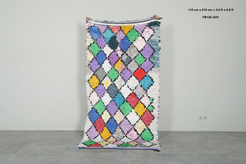 Boucherouite Moroccan rug with geometric diamond design - 3.6 ft x 6.8 ft