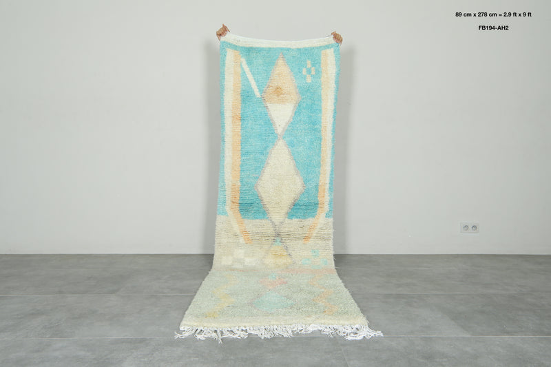 Beige & blue runner Moroccan rug - 2.9 ft x 9 ft