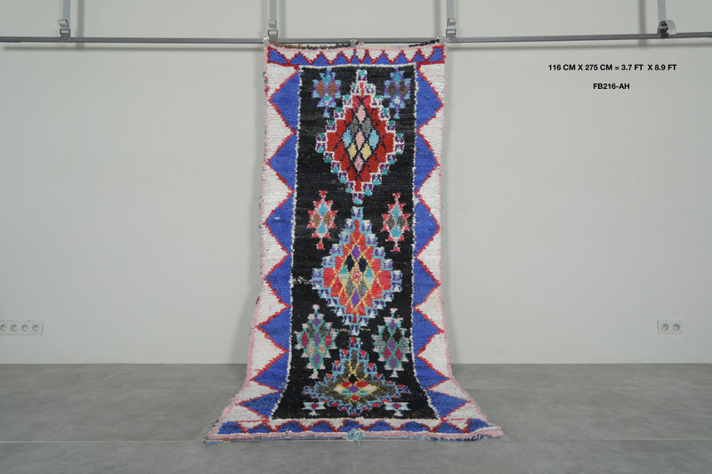 Geometric Moroccan Boucherouite Rug – 3.7 x 8.9 Feet Colorful Tribal Art - Boucherouite Rugs