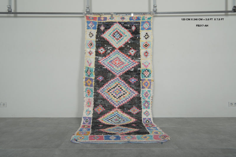 Tribal Diamond Moroccan Boucherouite Rug – 3.8 x 7.9 Feet Bohemian Handmade Carpet - Boucherouite Rugs